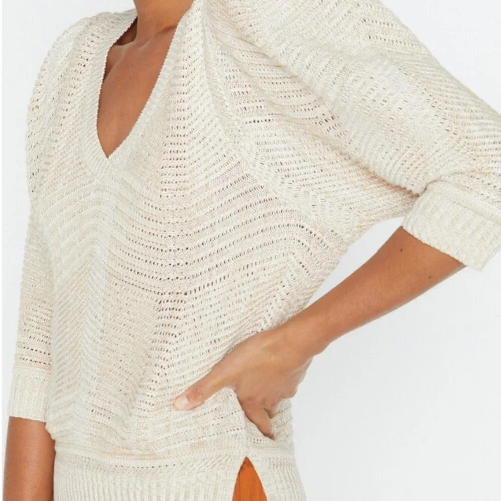 Brochu Walker The Arya Vee Sweater Linen Cotton Puff Sleeve Cream Marle Size XS_10
